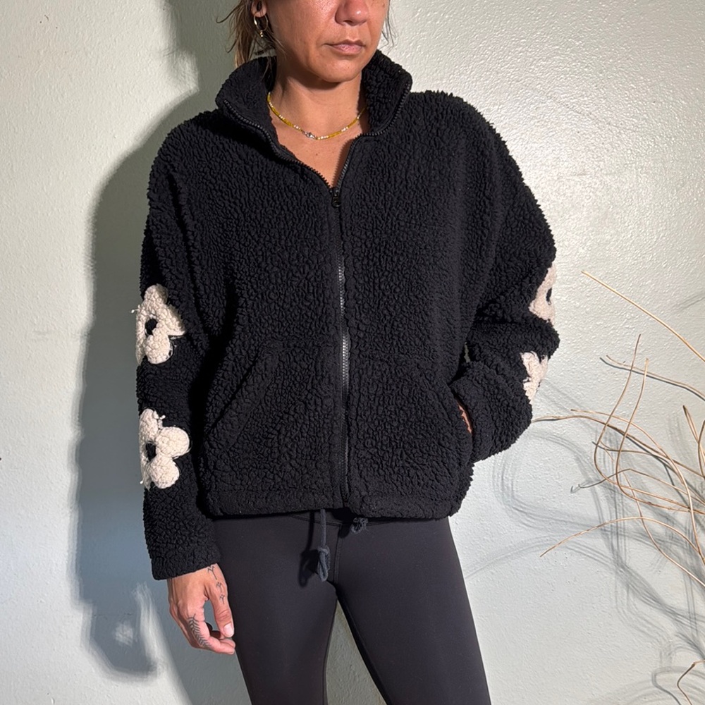 PacSun Black Teddy Jacket with Cream Floral Details